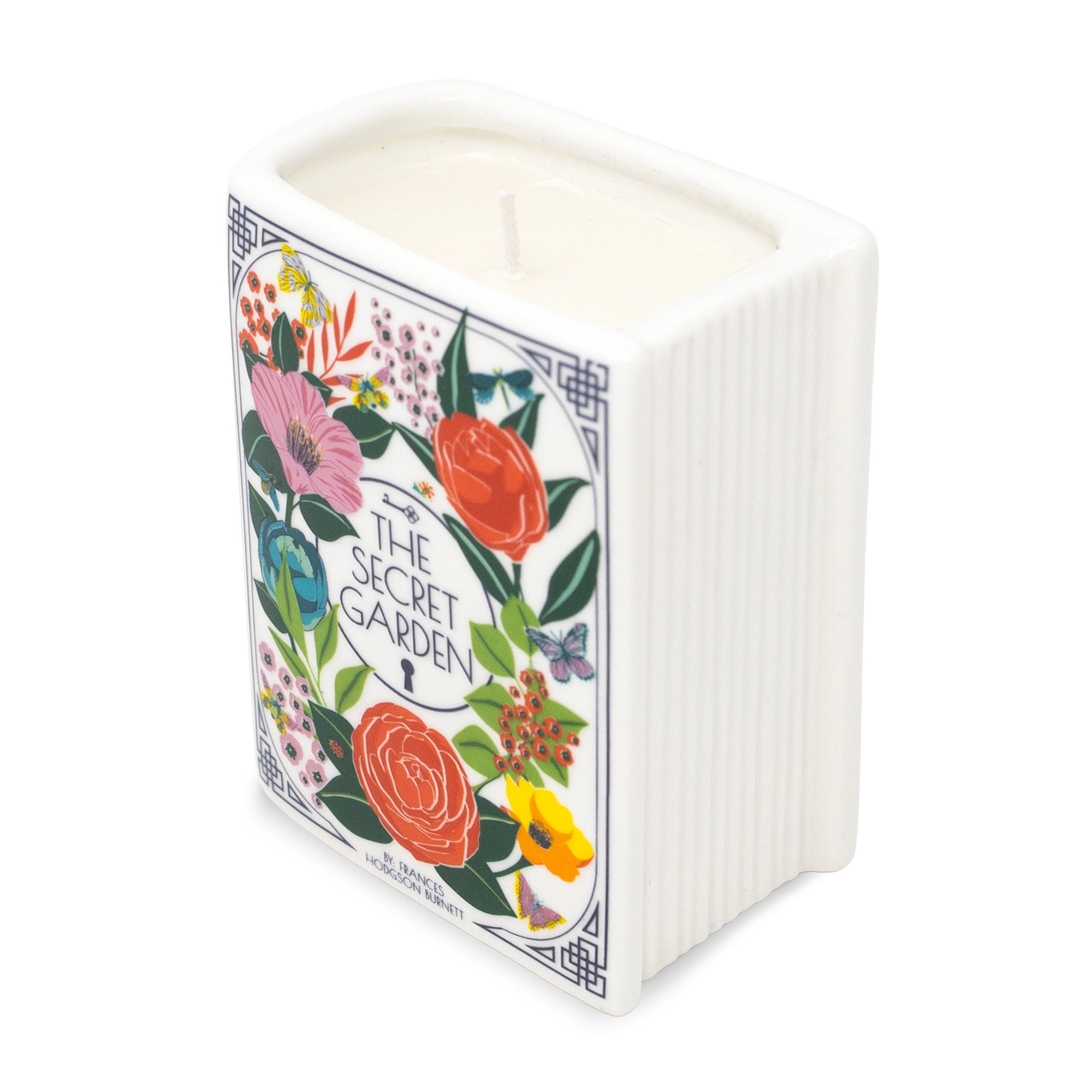 Back of the Secret Garden book candle showing sculpted pages, white background