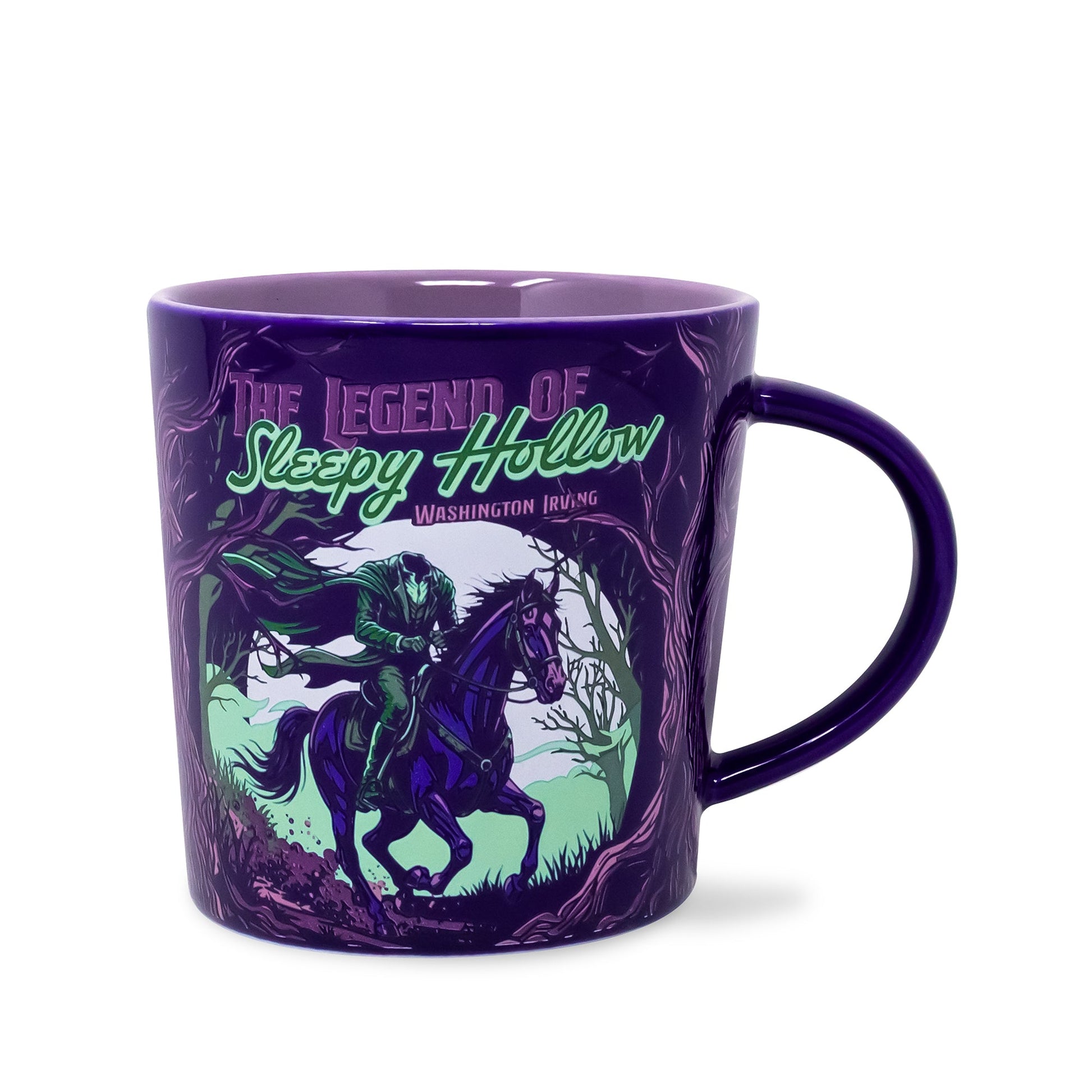 Sleepy Hollow ceramic mug with headless horseman design, white background