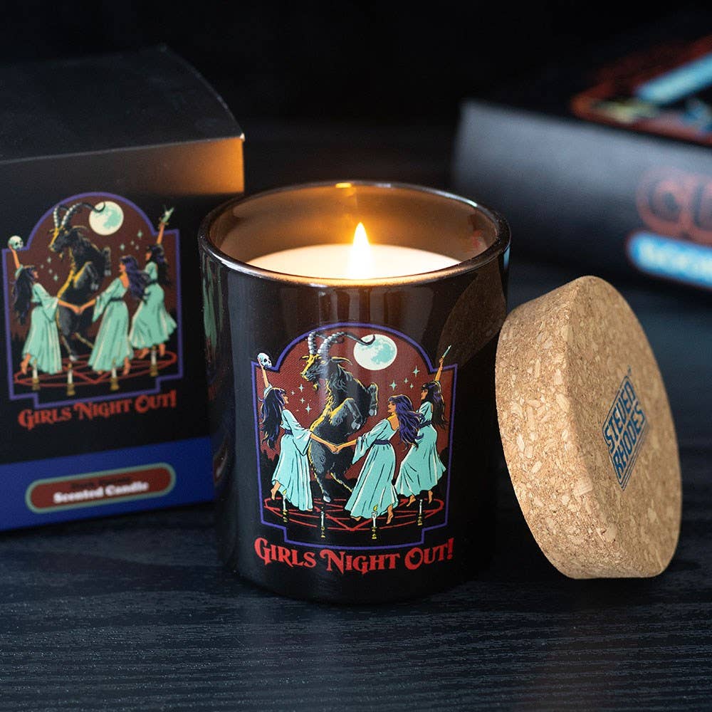Girls Night Out dark opium candle lit with gift box and coaster on black background