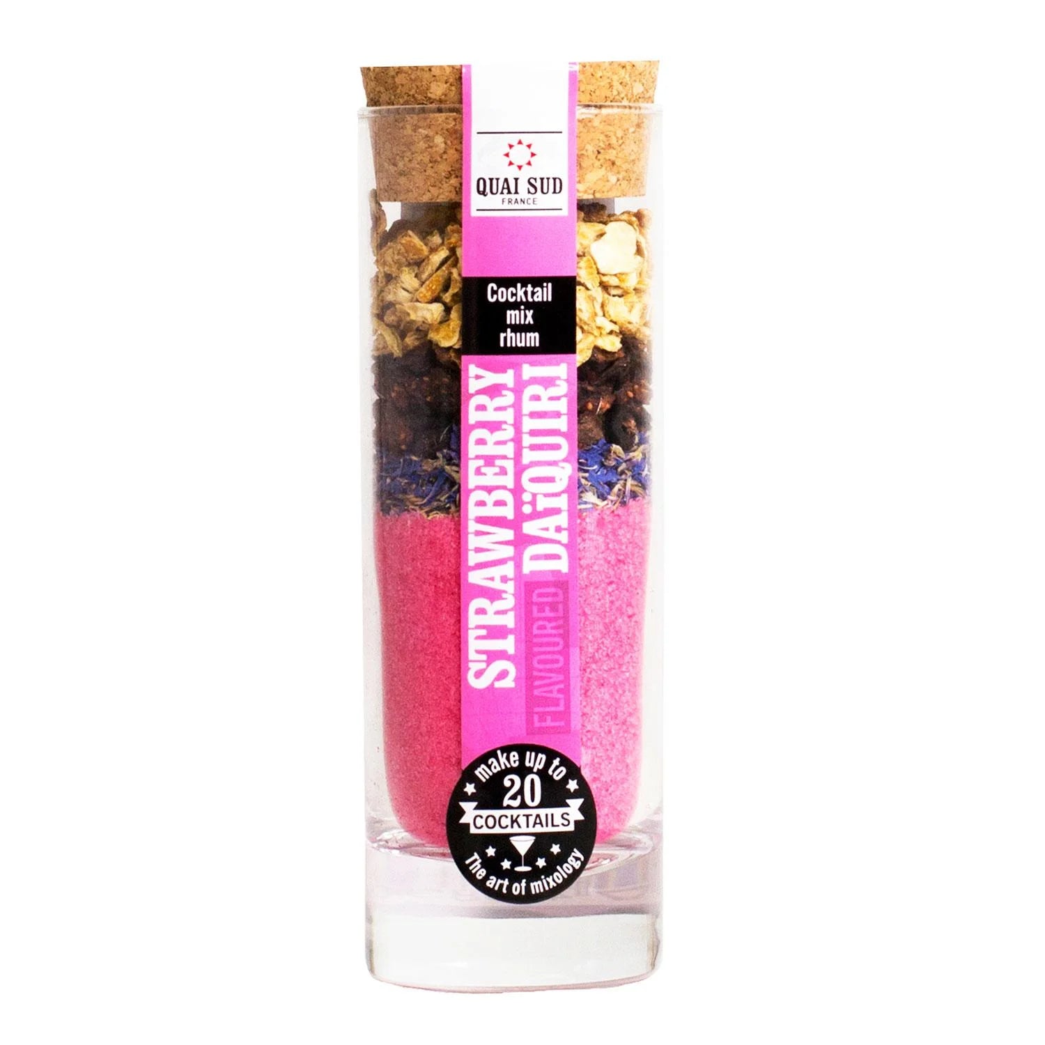 Strawberry Daiquiri Cocktail Mix jar with pink sugar and dried fruit layers.