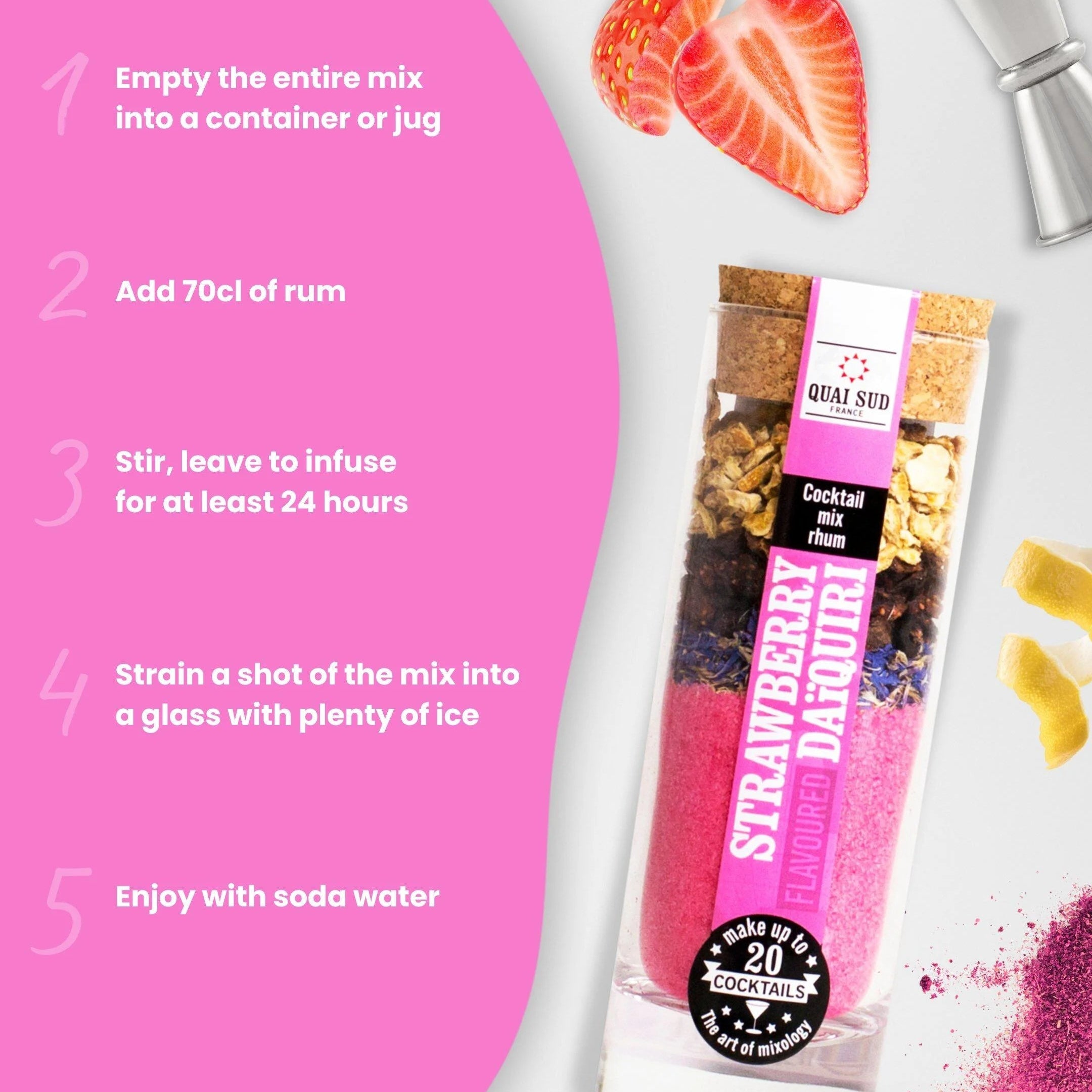 Strawberry Daiquiri Mix and step-by-step recipe with sliced strawberries.