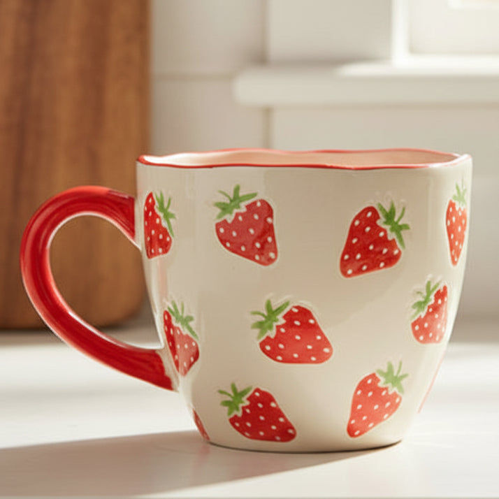 Red strawberry shaped mug with green leaf detail