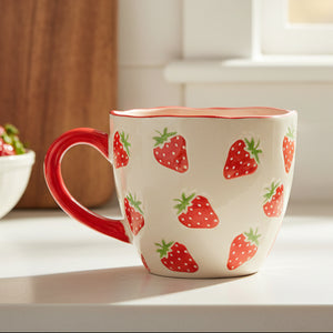 Red strawberry shaped mug with green leaf detail