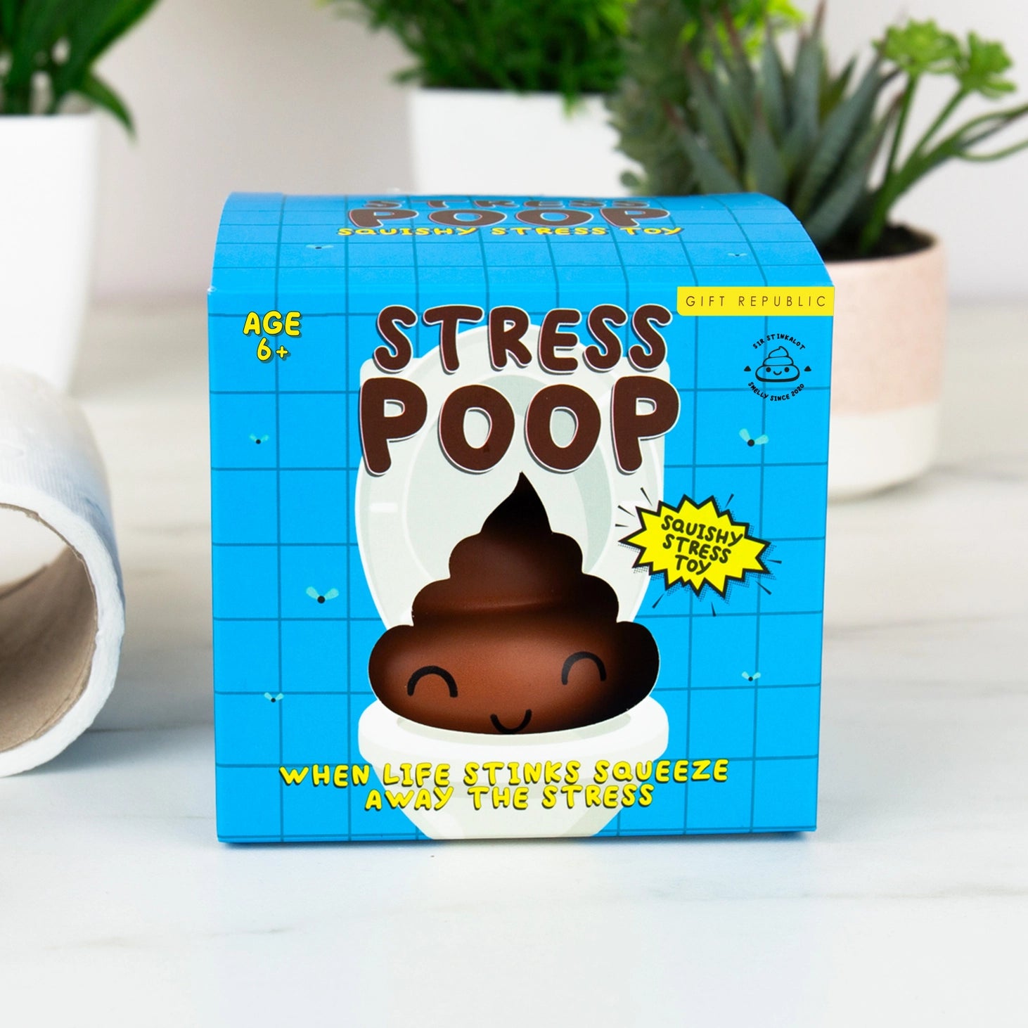Stress Poo stress toy in colourful gift box on tabletop