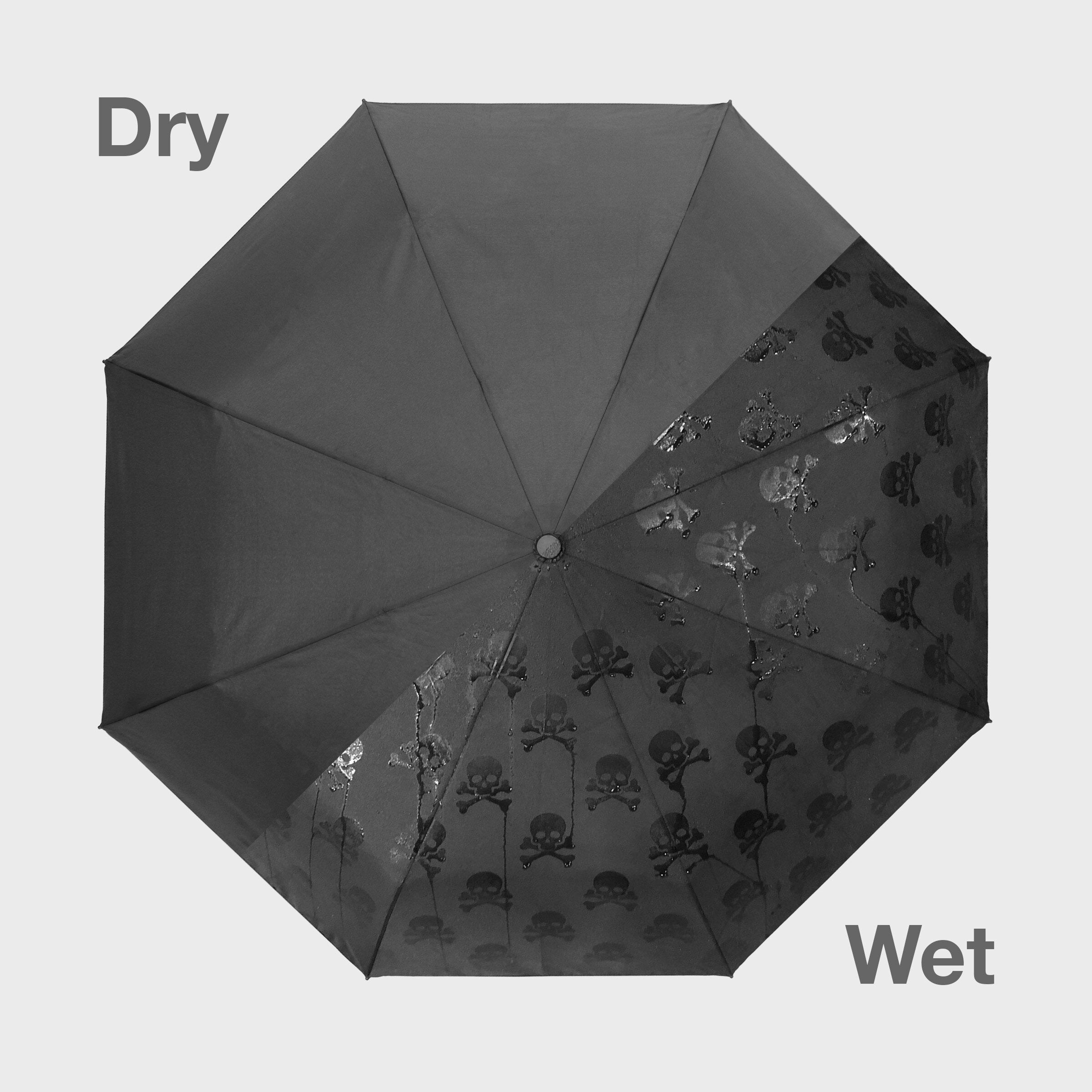 Hidden skulls umbrella wet and dry comparison showing skull pattern appearing