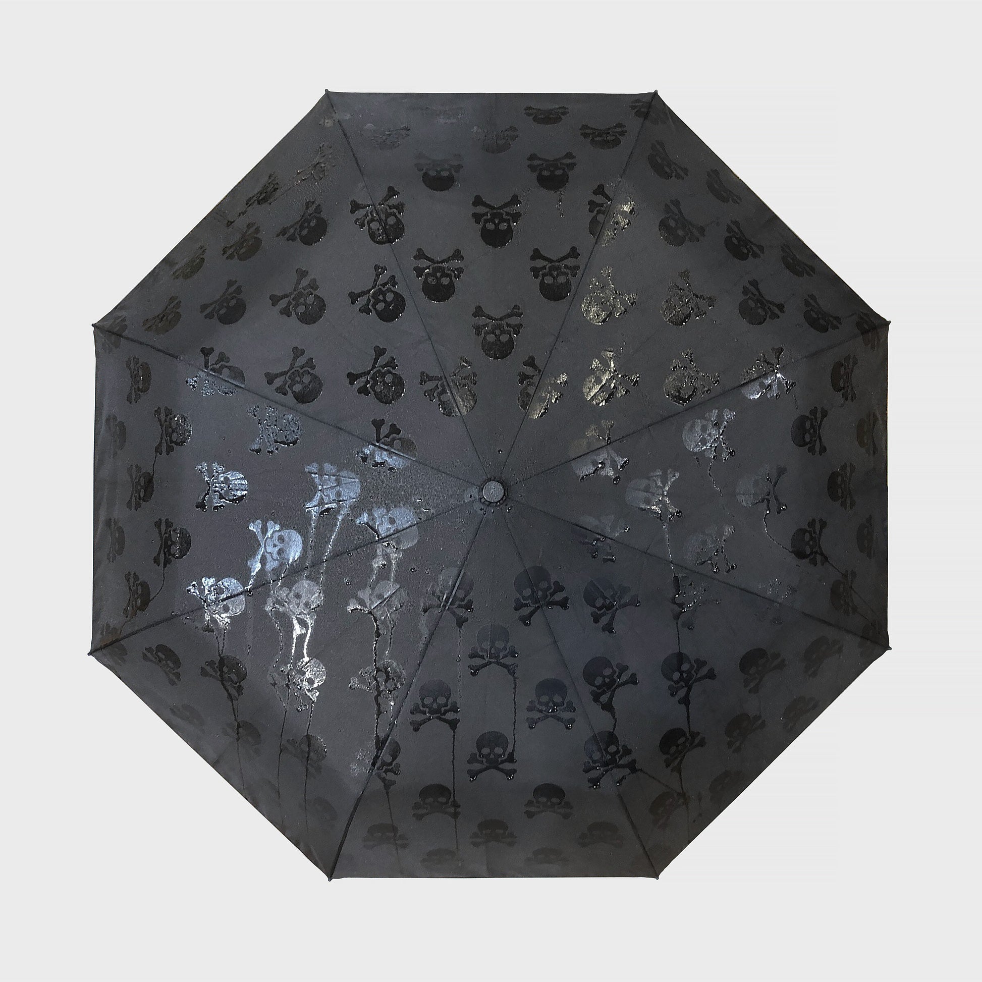 Hidden skulls umbrella open from above showing wet skull and crossbones pattern