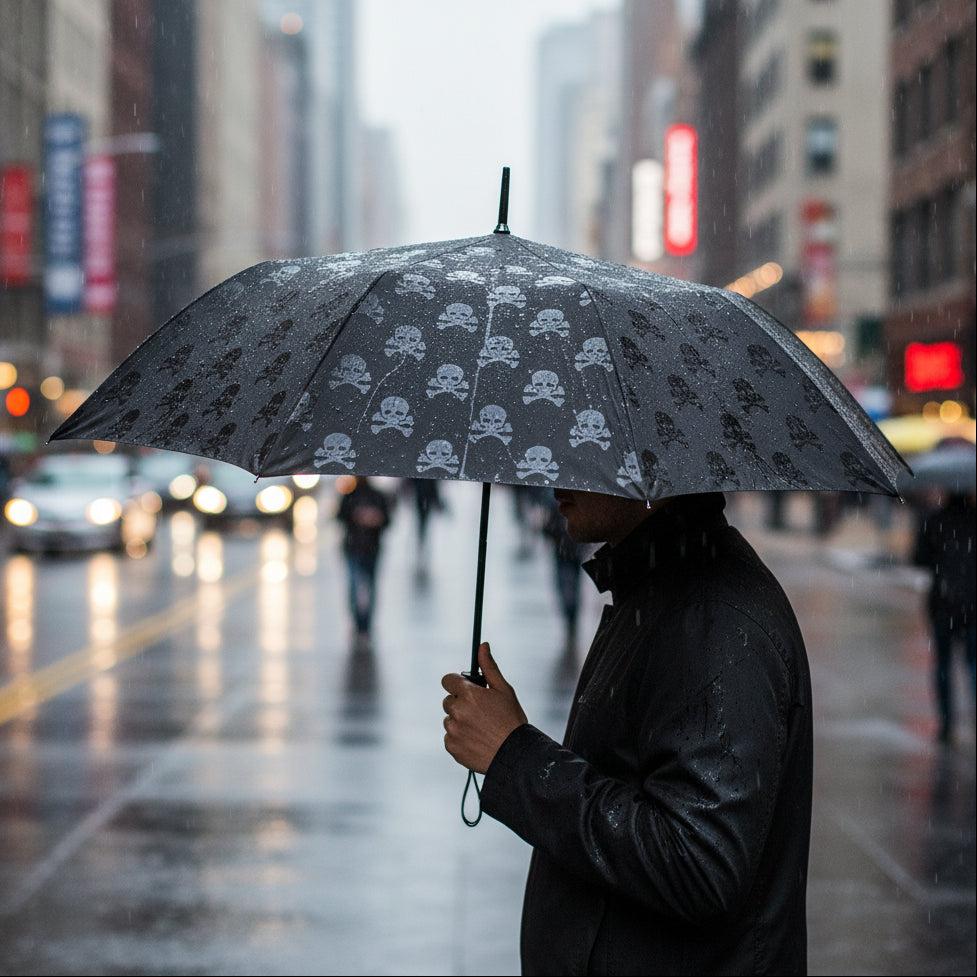 Hidden skulls umbrella held in rain showing glossy skull pattern on city street