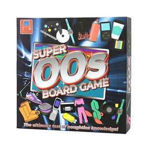 Super 00’s Board Game box with retro 2000s graphics and icons.