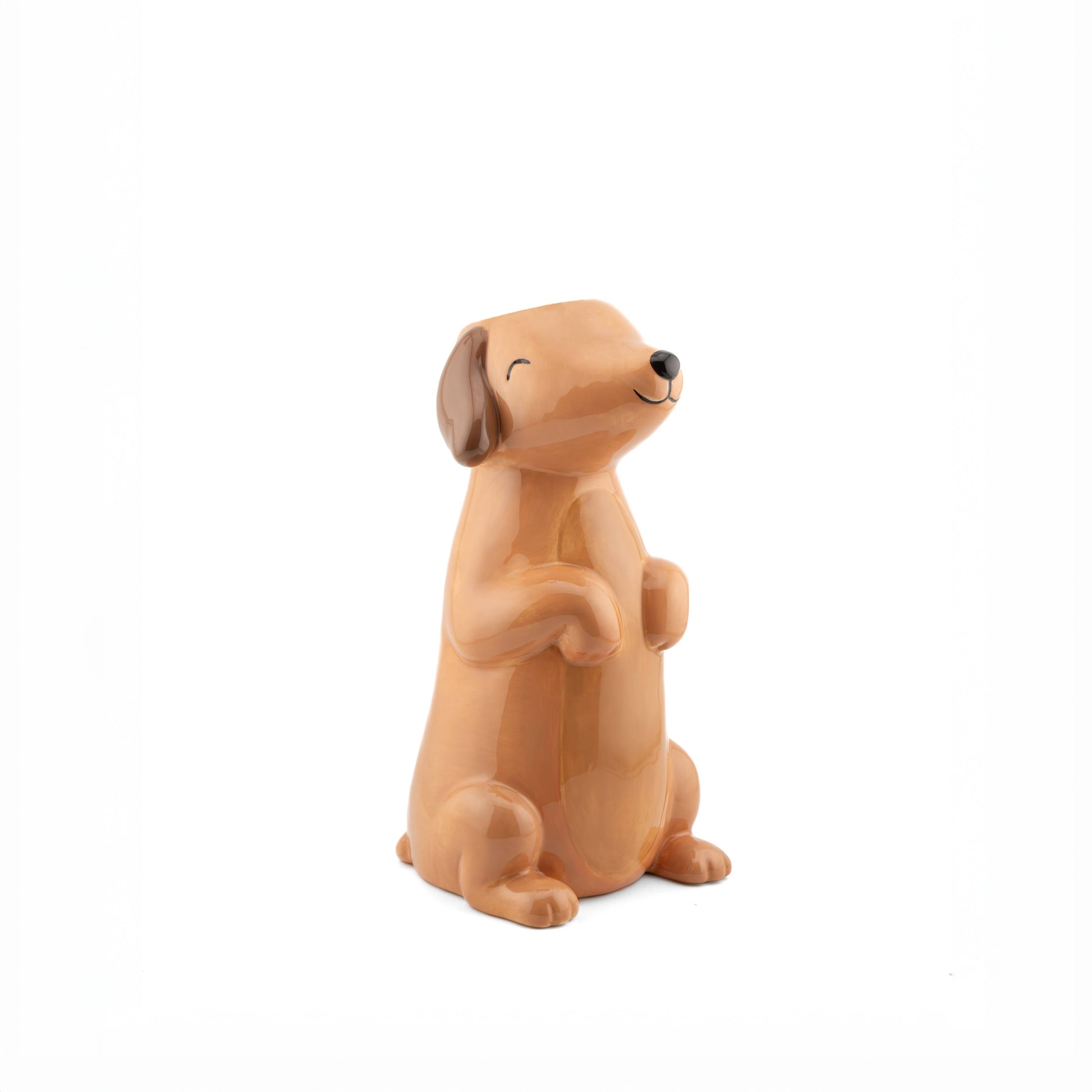 Ceramic dachshund vase showing standing dog design with opening