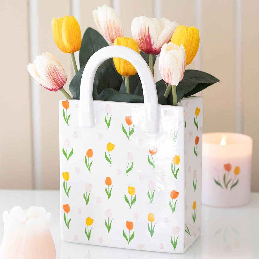 Tulip print ceramic bag shaped vase with yellow orange pink flowers