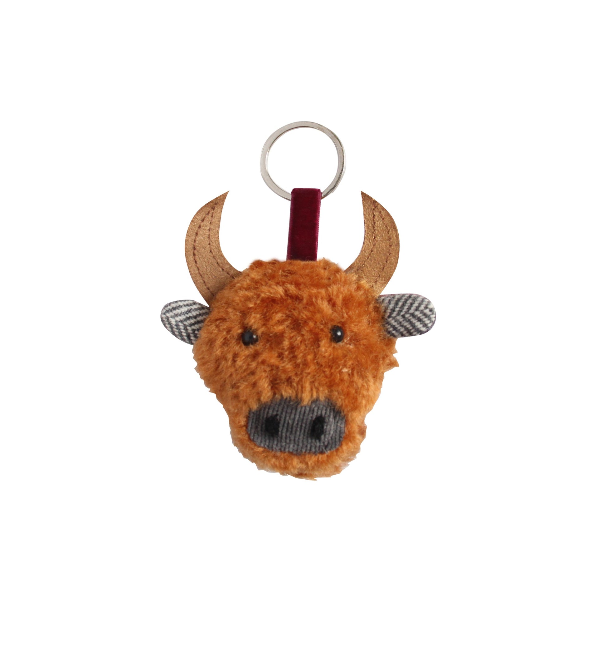 Cow Keyring in Gullane rust tweed showing stitched face