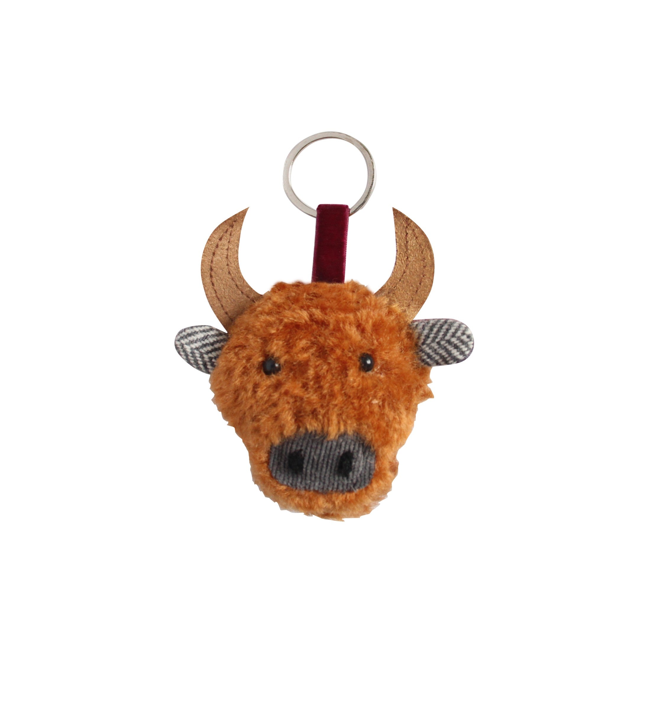 Cow Keyring in Gullane rust tweed showing stitched face