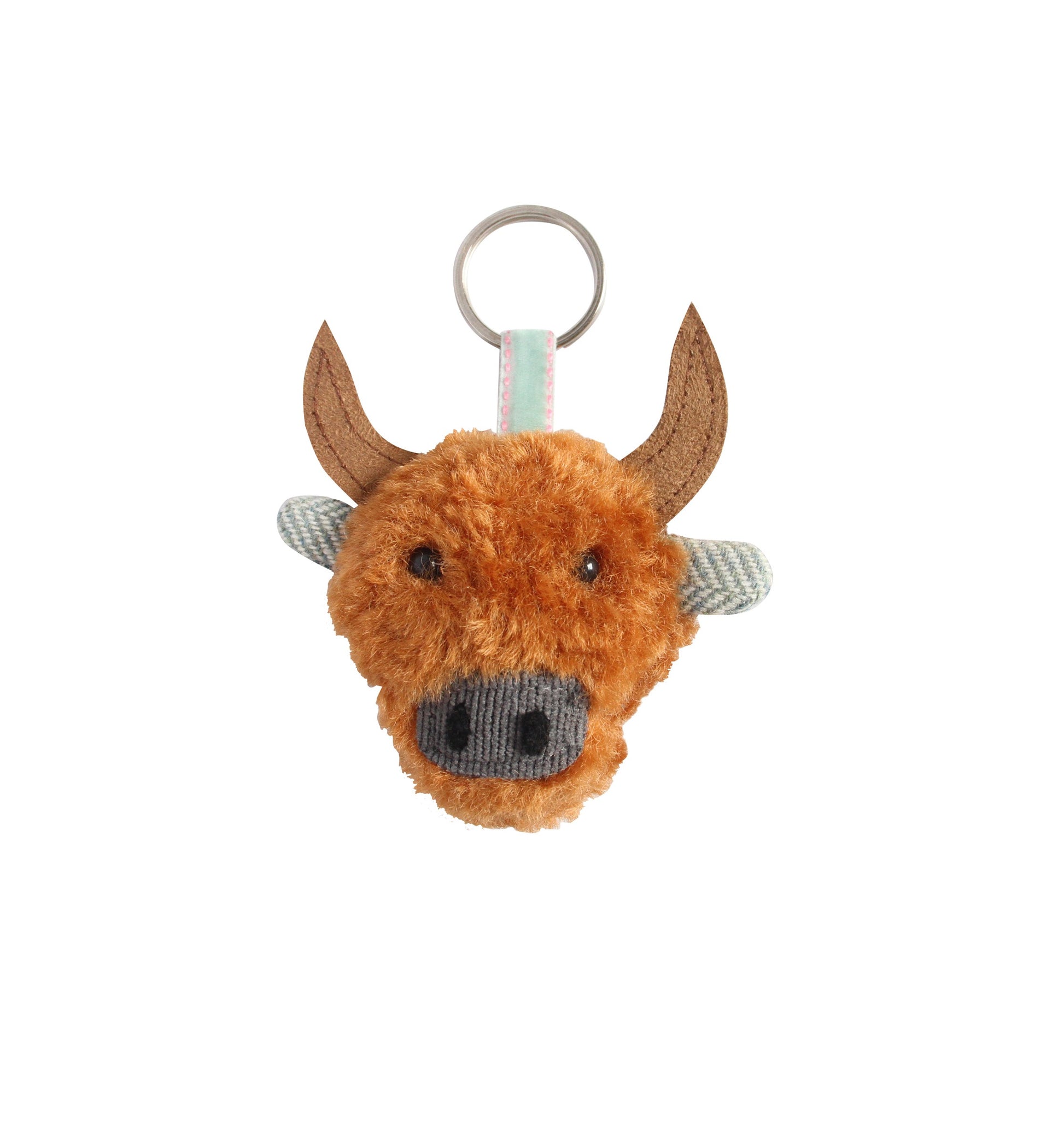 Cow Keyring in Skye blue tweed with metal loop attachment
