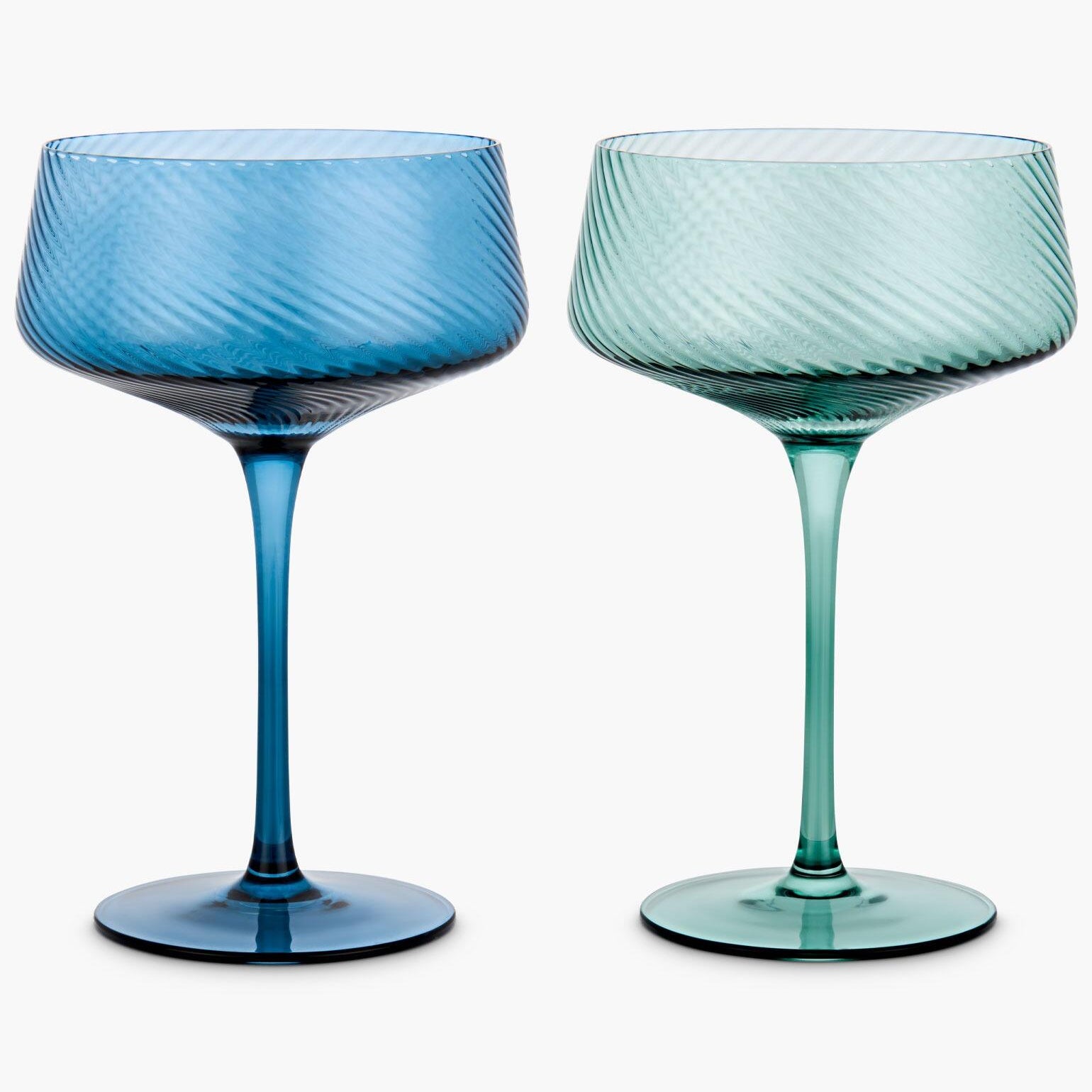 Twist champagne coupes in blue and green glass