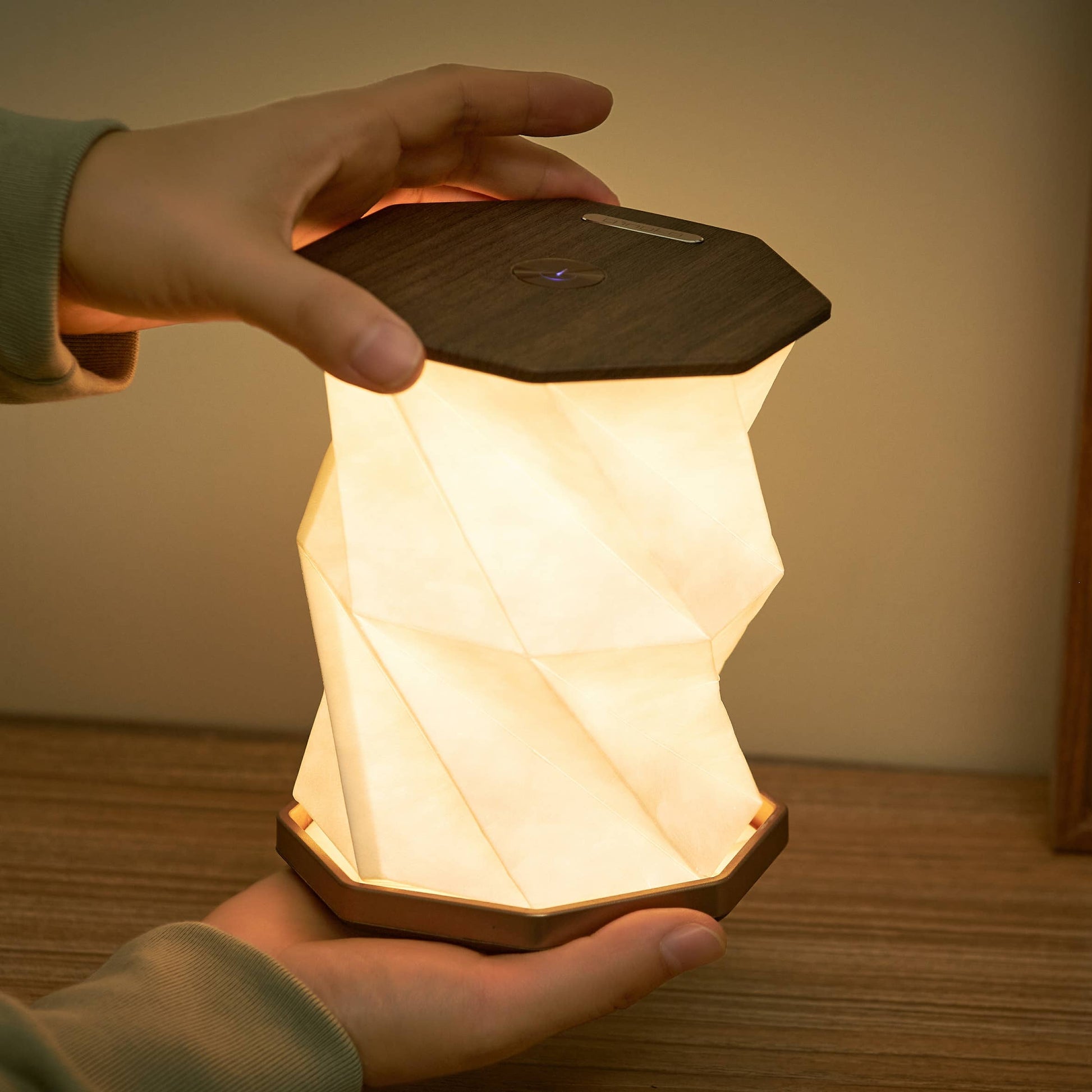 Twist Hexagon lamp in walnut finish held in hands, glowing on wooden table