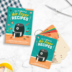 Ultimate Air Fryer Recipe Cards with illustrated cover on kitchen counter
