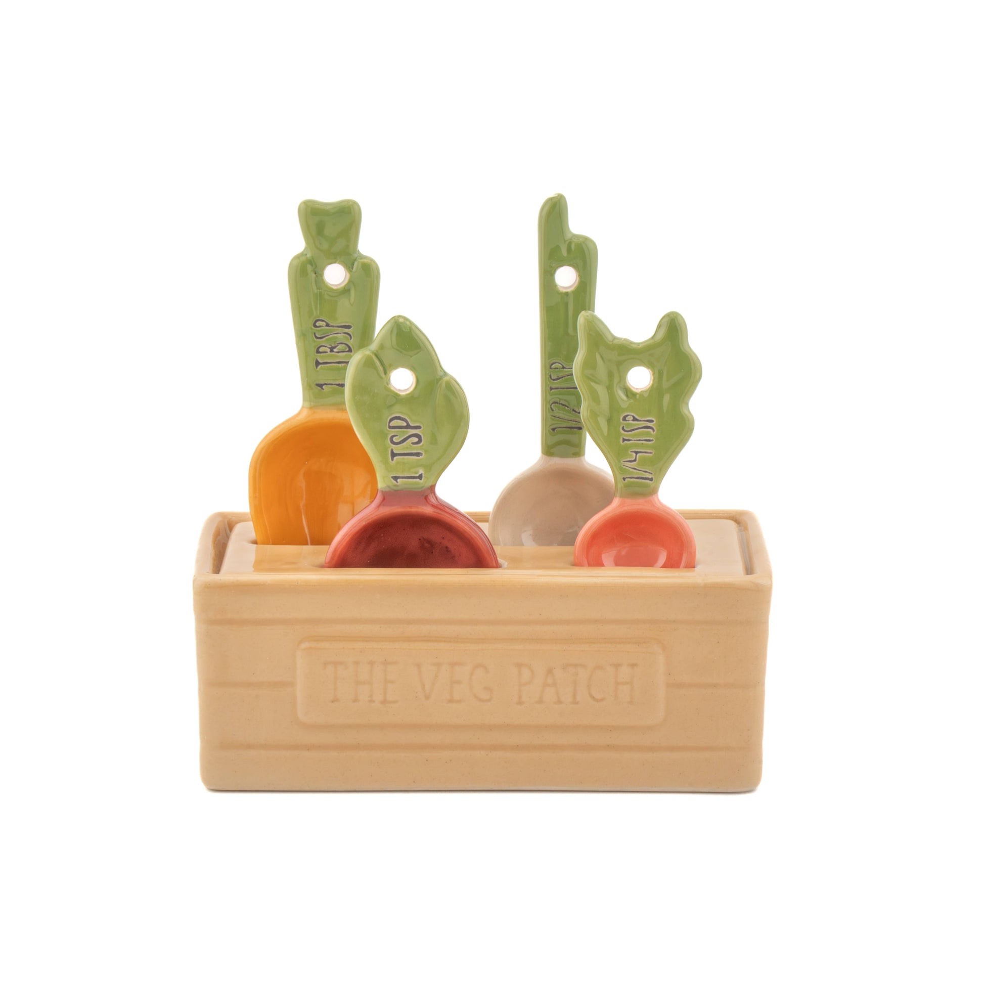 Sass and Belle vegetable-shaped ceramic measuring spoons in veg patch holder on white background