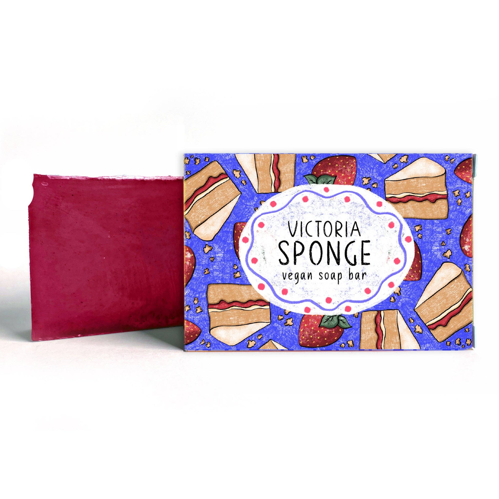 Victoria sponge cake-shaped soap with packaging display.