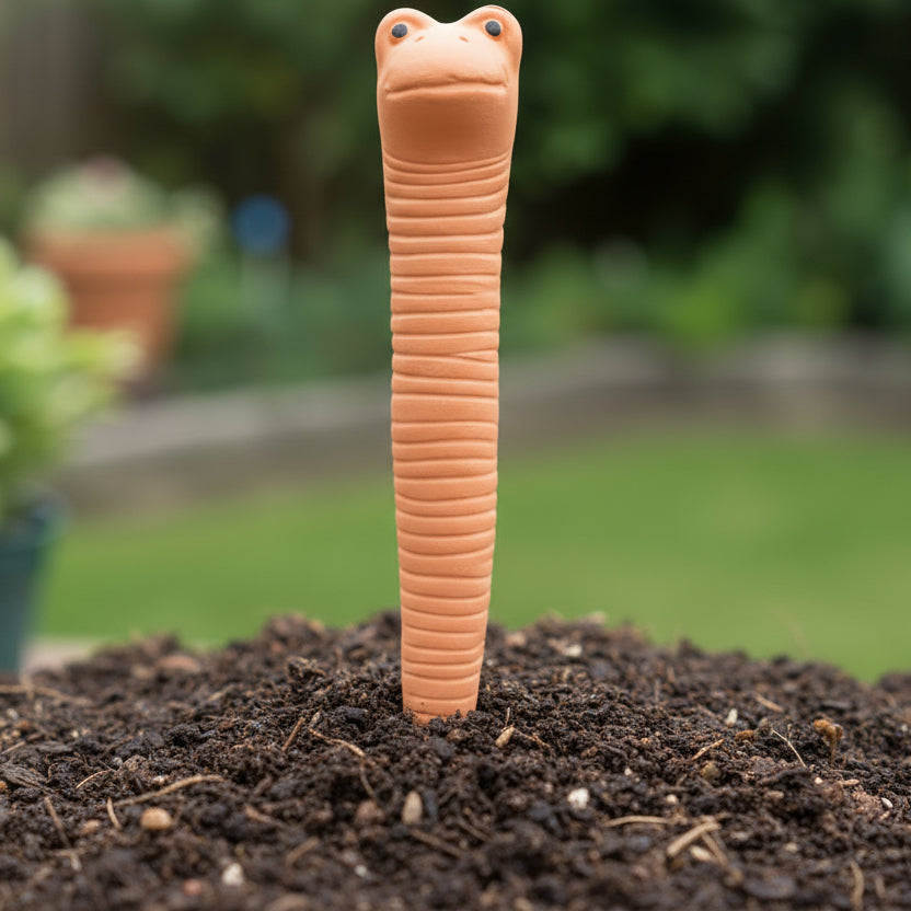 Willy the Worm terracotta water sensor held in hand showing friendly face
