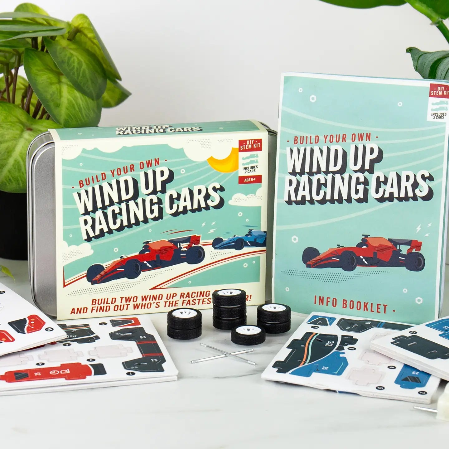 Wind up racing car kit contents with instructions and parts