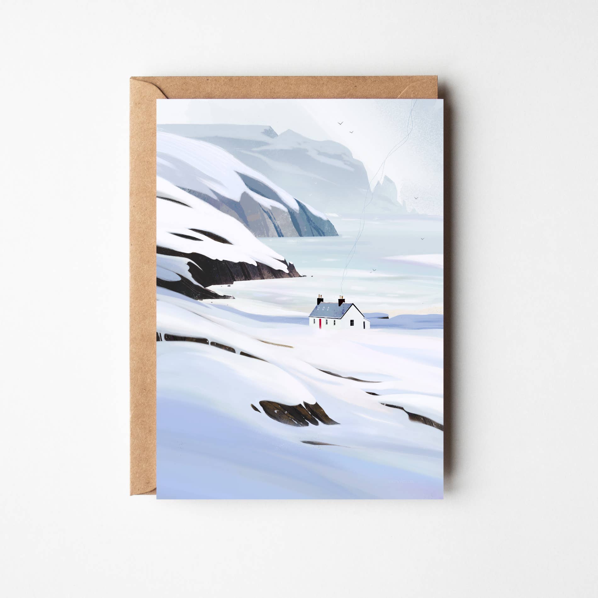 Winter at Kearvaig Bothy greeting card featuring Sara Willia's snowy Scottish landscape artwork with kraft envelope
