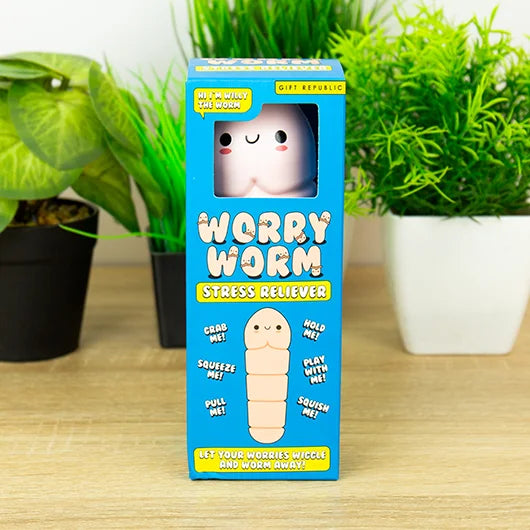 Worry Worm Stress Reliever box packaging standing on table