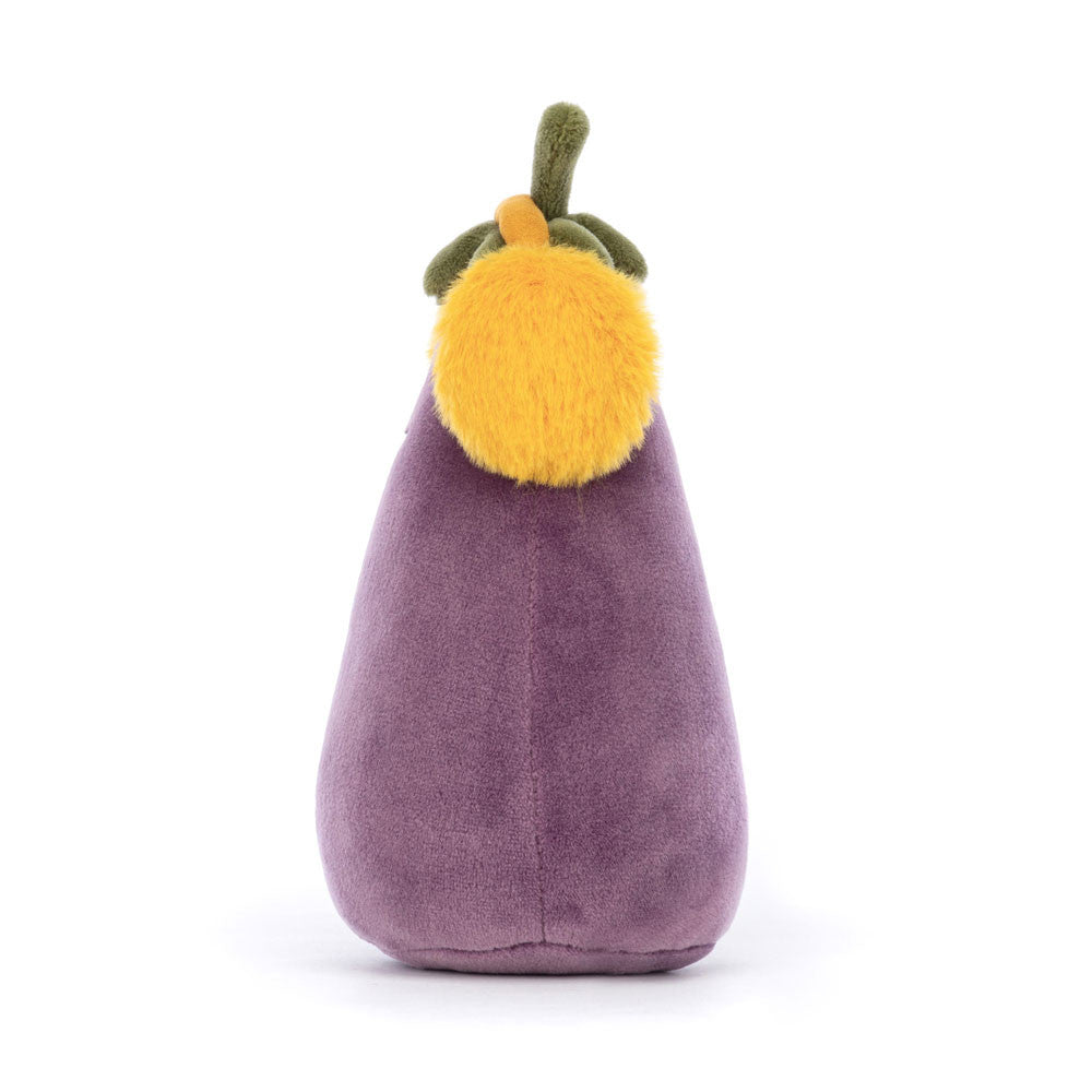 Side View: Side profile of Jellycat Toastie Vivacious Aubergine, showing its velvety purple body and fluffy earmuffs.