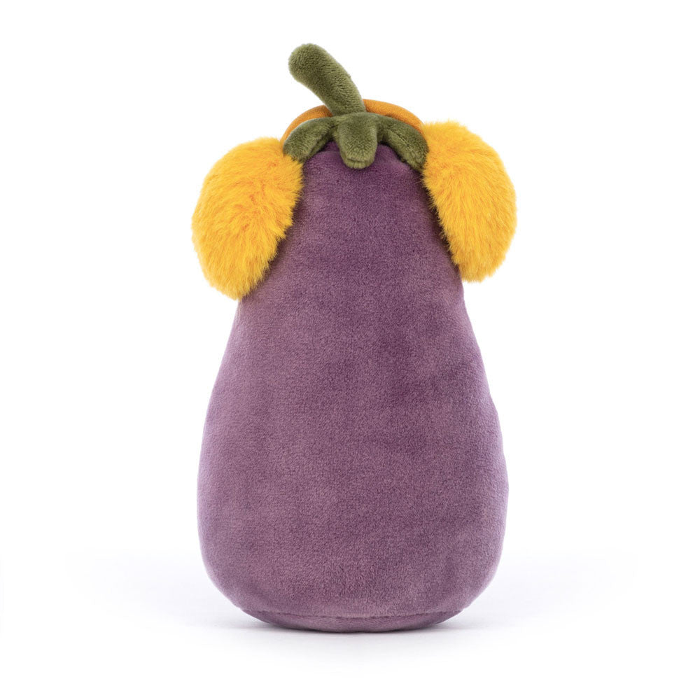 Back View: Rear view of the Jellycat Toastie Vivacious Aubergine plush, highlighting its green stalk and cosy earmuffs.