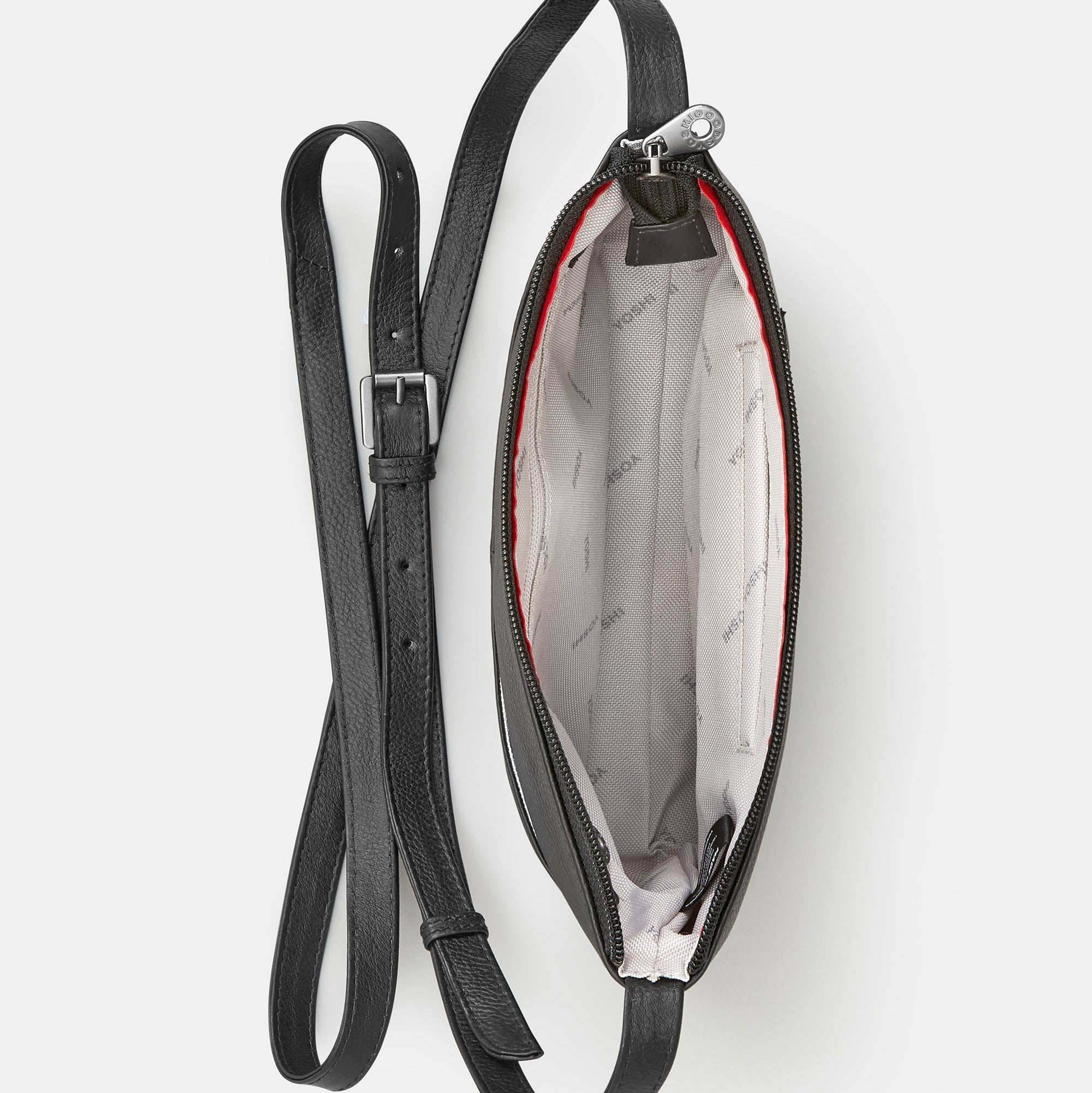 Black leather dog applique bag overhead flat lay view