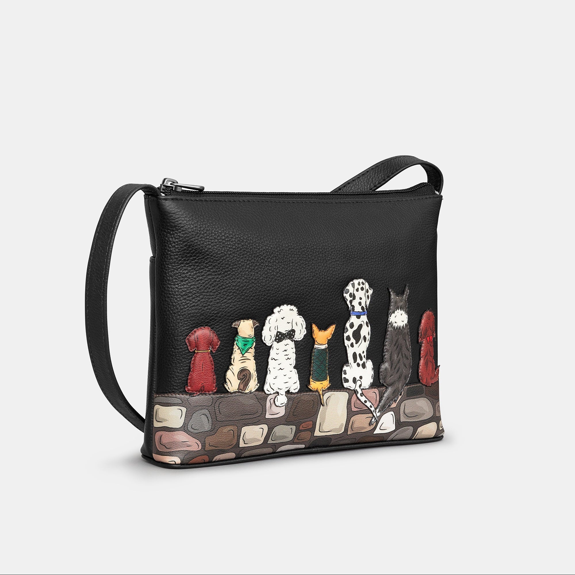 Dog applique crossbody bag side profile with strap