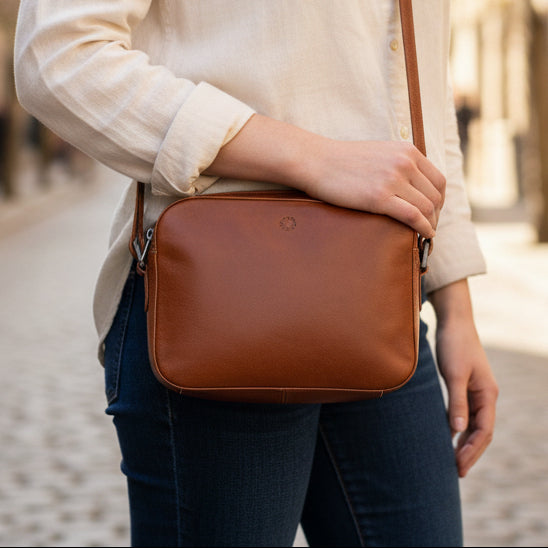 Brown leather camera crossbody bag front view