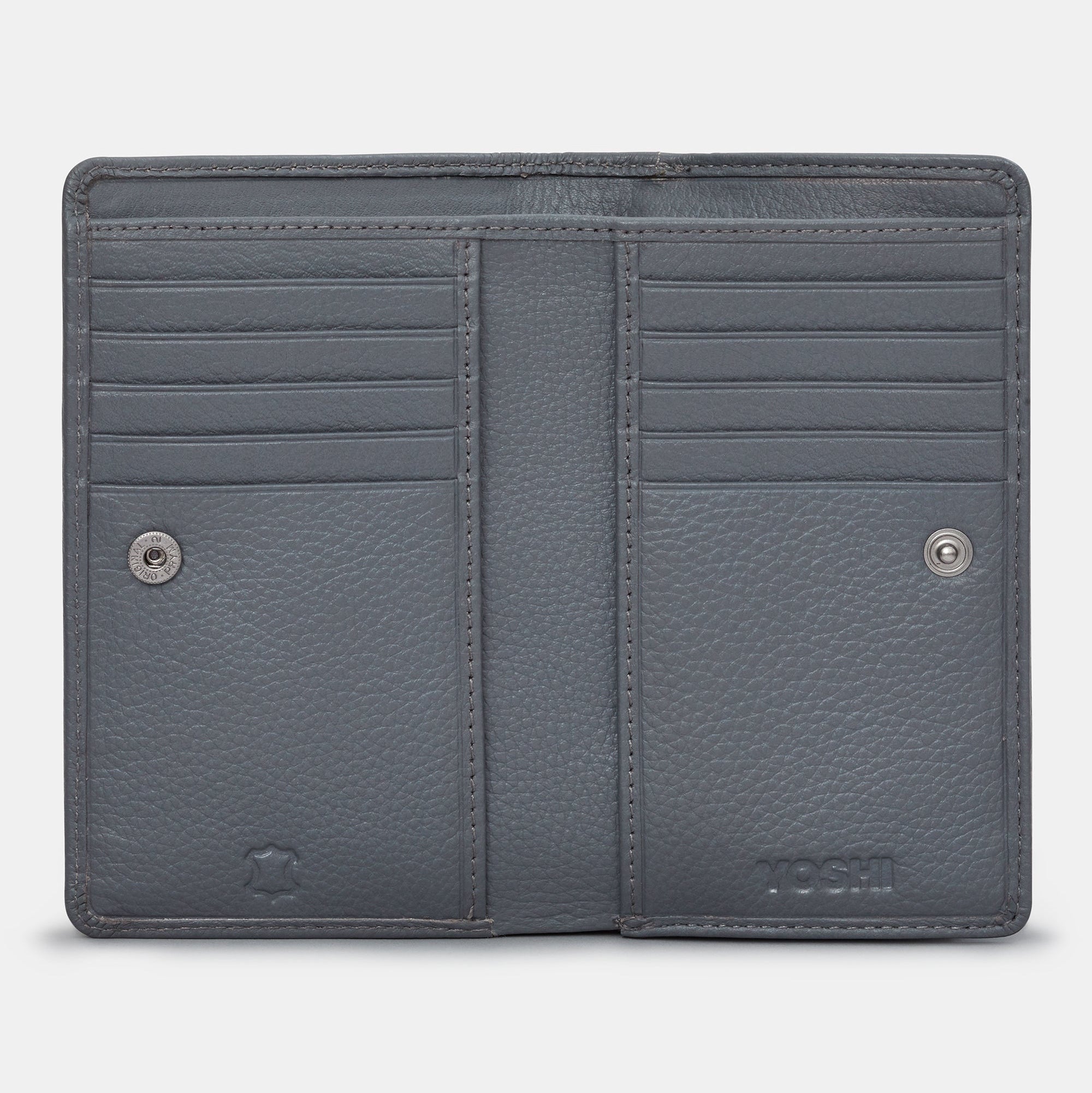 Flap over purse open showing card slots and coin pocket