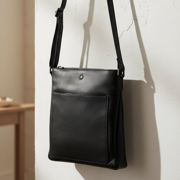 Black leather Bryant crossbody bag hanging on white wall lifestyle shot