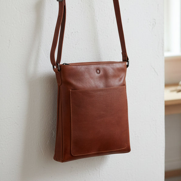 Brown leather Bryant crossbody bag hanging on white wall lifestyle shot