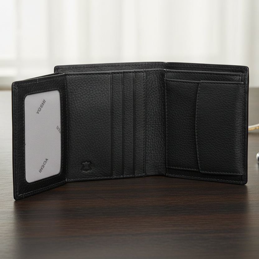 Black leather coin pocket wallet open on dark wood showing ID window and card slots