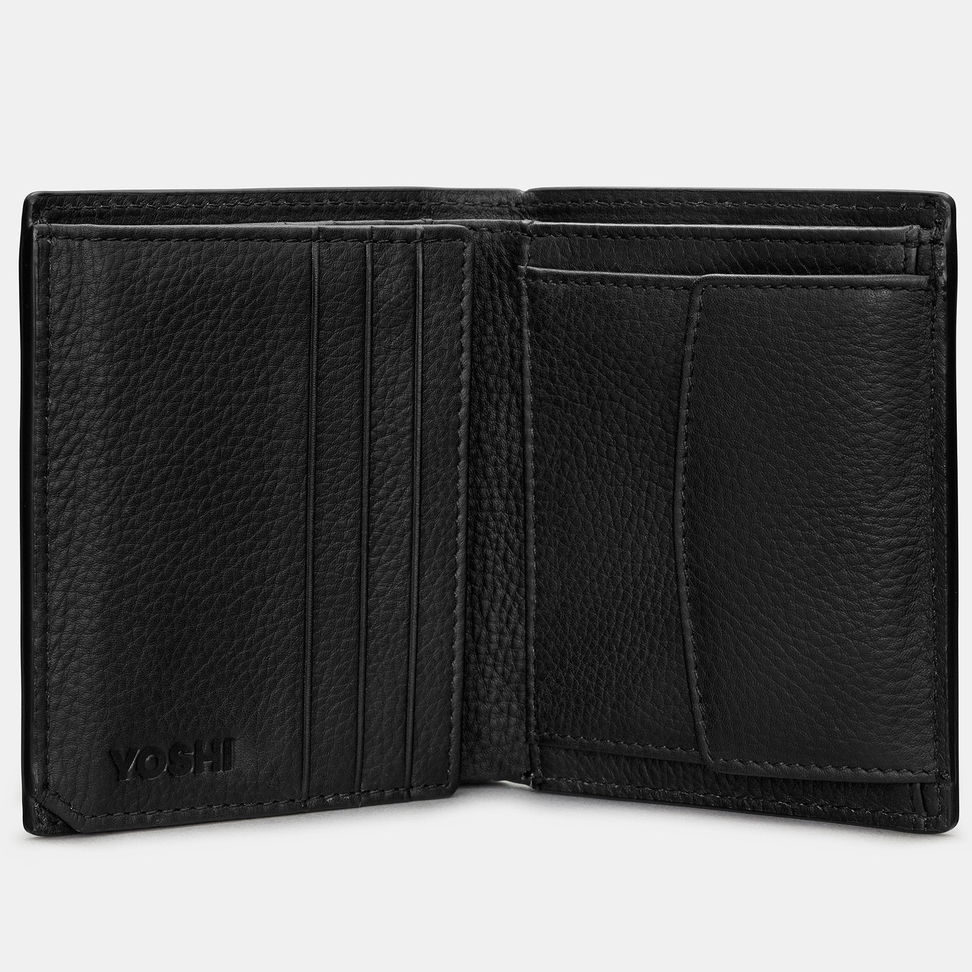 Black leather wallet open showing card slots and coin pocket flap on grey background