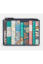 Cook Bookworm zip top purse in navy leather with cookbook spine appliques