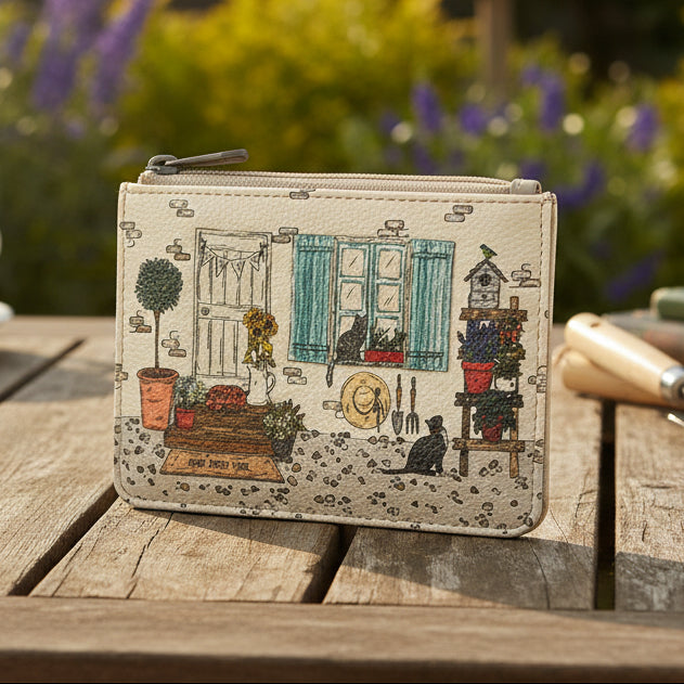 Country cottage purse on garden table with lavender in background