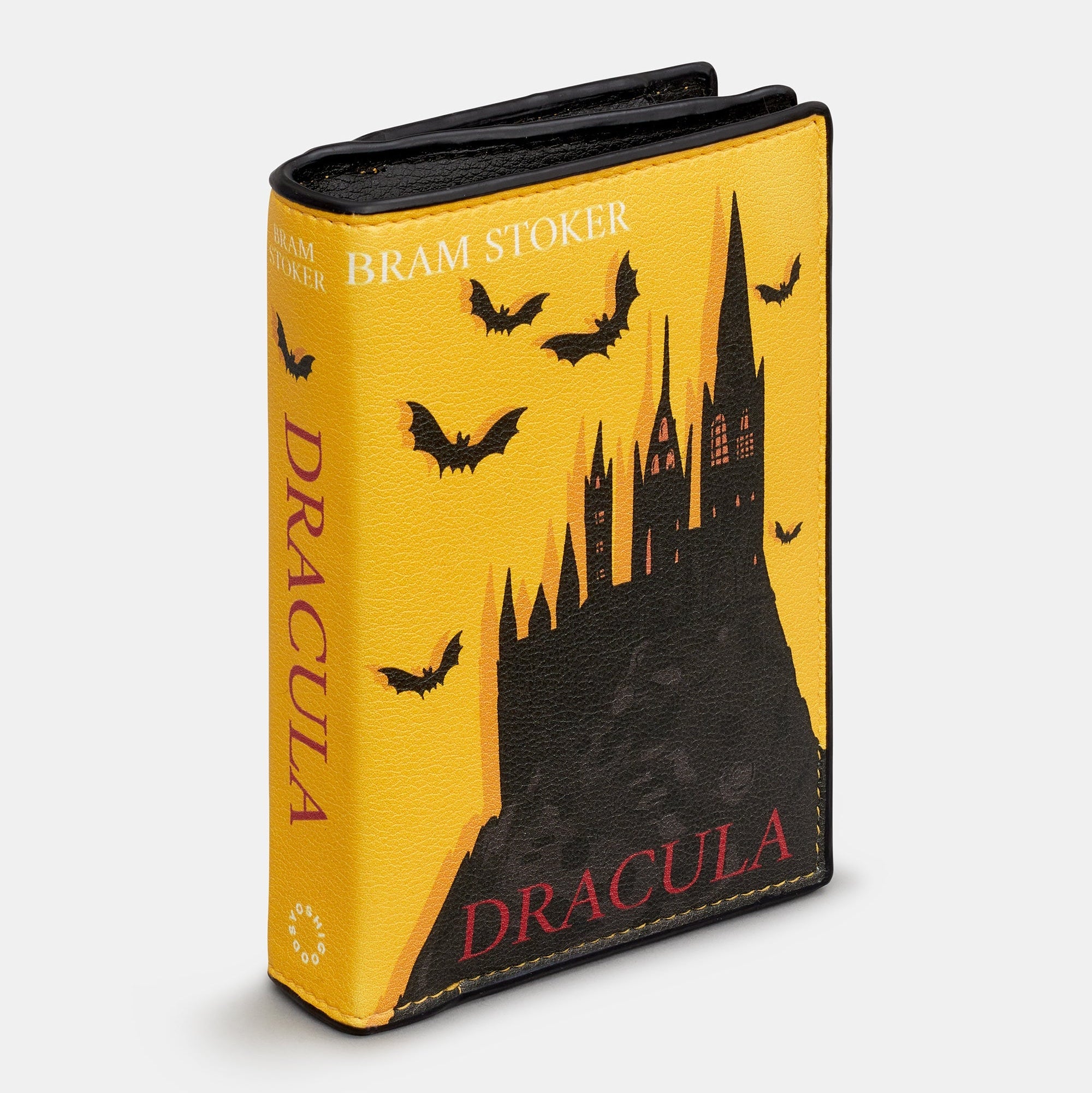 Dracula book purse side angle showing spine and book shape on white background