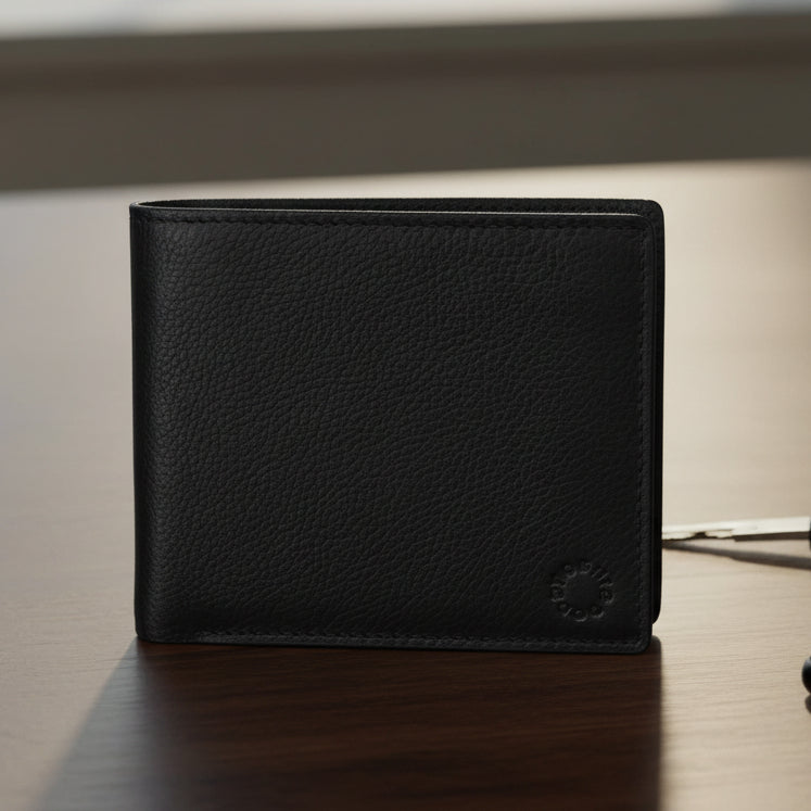 Black leather extra capacity wallet closed front view