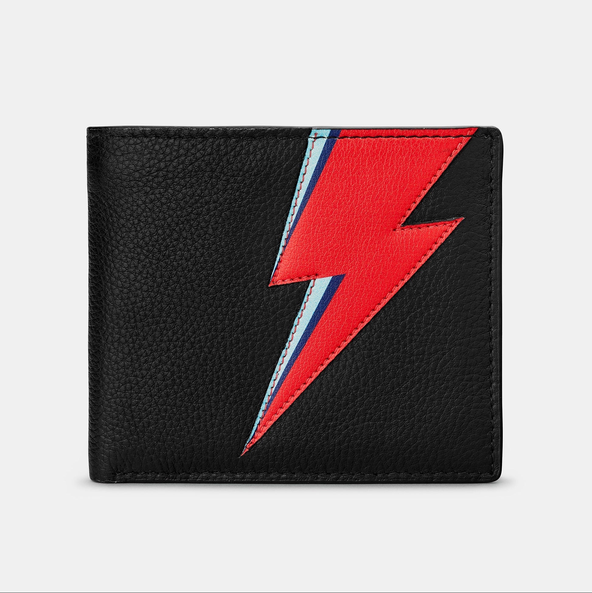 Lightning bolt black leather wallet front view with red blue bolt on white background