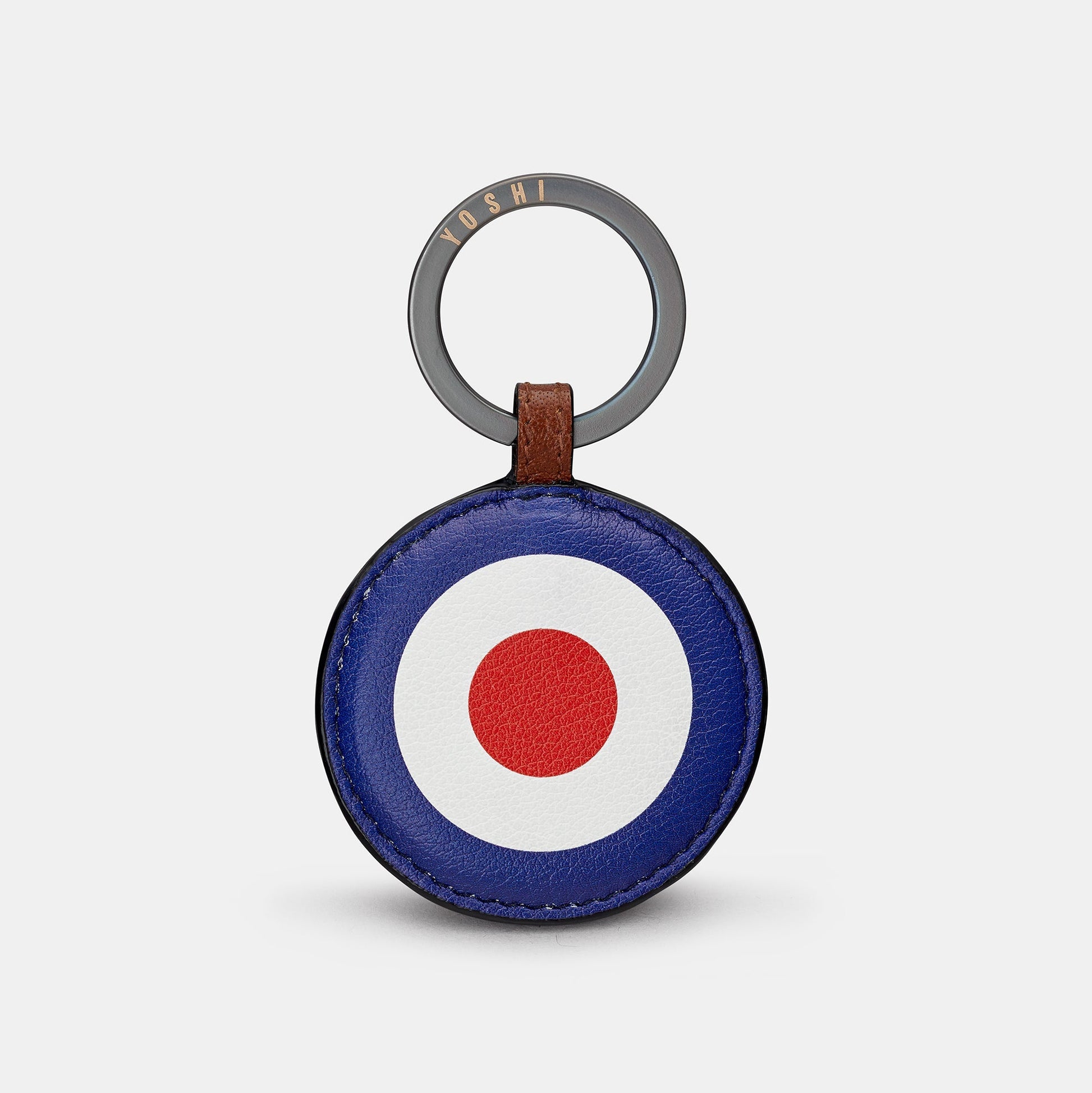 Mod roundel leather keyring front view with target design on white background