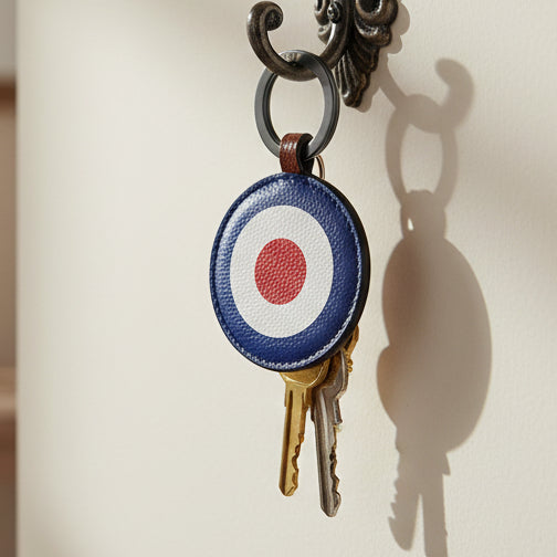 Mod roundel leather keyring hanging on wall hook with keys