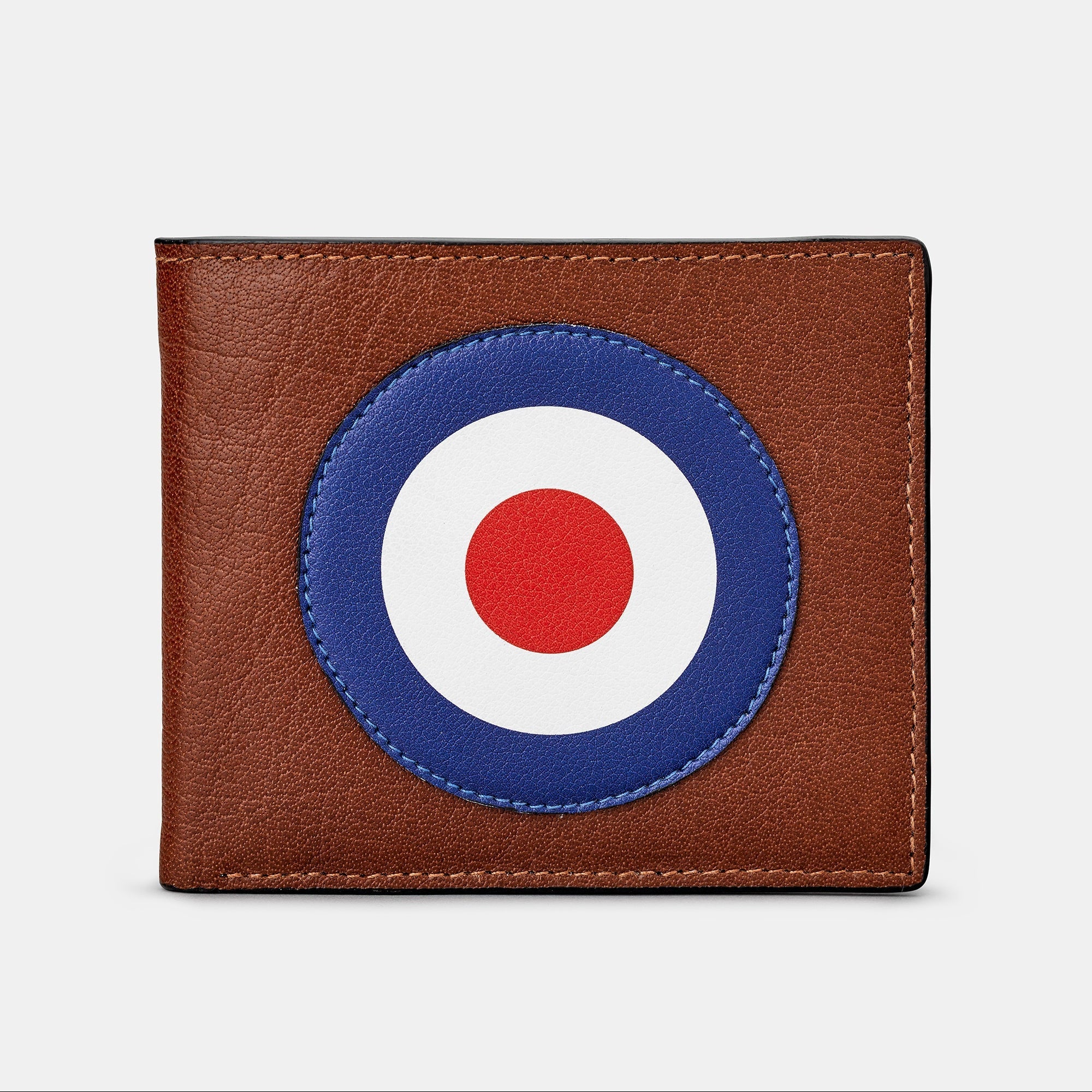 Mod brown leather wallet front view with blue white red target on white background