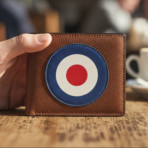 Mod brown leather wallet held in hand on wooden table showing roundel design