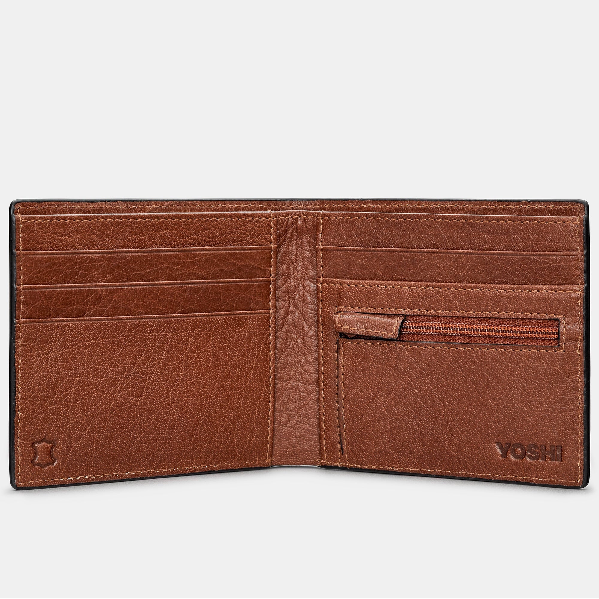 Mod leather wallet open showing card slots and zip coin pocket interior