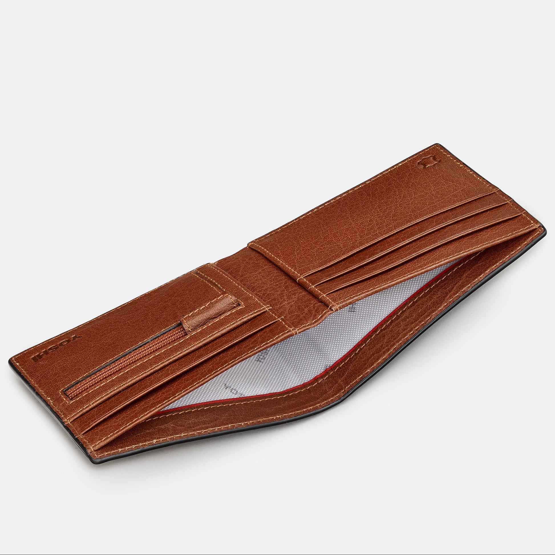 Mod leather wallet overhead angle open showing RFID lining on white background