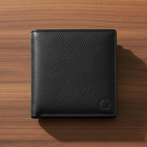 Black leather two-fold wallet closed on dark wood surface lifestyle shot