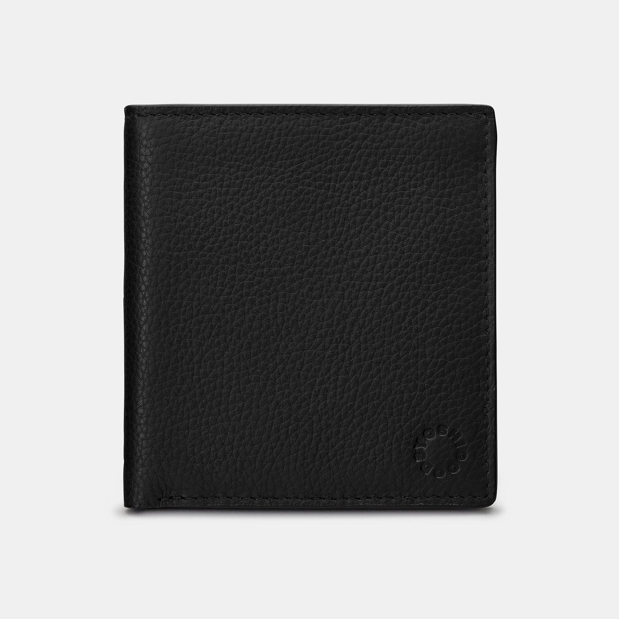 Black leather wallet closed front view with Yoshi logo on grey background