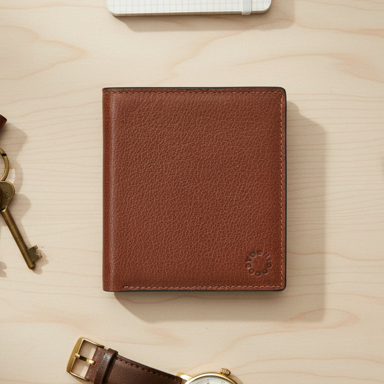 Brown leather two-fold wallet closed on wood surface with key and watch props